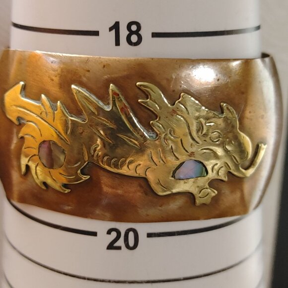 Dragon Mexican Copper Cuff Bracelet MCM Vintage Brass Dragon Abalone 1 Inch Wide - Picture 6 of 12